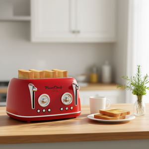 PlumChef Grille-pain rétro 4 tranches en acier inoxydable, double commande, 6 niveaux de dorure, fonction décongélation des bagels, rouge - Product Image 2