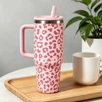 Gobelet isotherme en acier inoxydable de 40 oz avec poignée et couvercle à paille, motif léopard imprimé animal, pour voyage