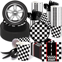 Huancai Racing Party Supplies Drapeau À Carreaux Assiettes En Papier Tasses Serviettes Vaisselle Jetable Ensemble pour Décorations De Fête D'anniversaire