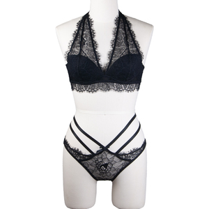 Conjunto de lencería de encaje negro encantador para mujer: sujetador estilo halter y braguita de cintura alta <span class=keywords><strong>con</strong></span> tiras elásticas cruzadas y ribete de encaje - Product Image 5