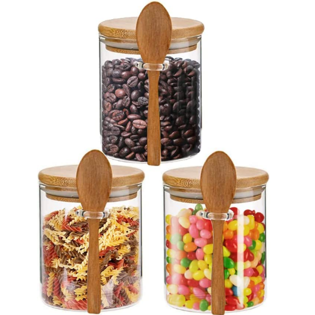 Set di contenitori per spezie con coperchi e cucchiai, contenitori per condimenti in vetro trasparente per condimenti e condimenti, contenitore per sale da cucina, bancone (B