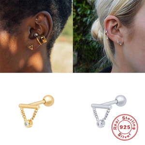 Boucles d'oreilles clous en argent sterling S925, style turc, avec chaîne géométrique simple, pampille et diamant, pour piercing d'oreille - Product Image 5