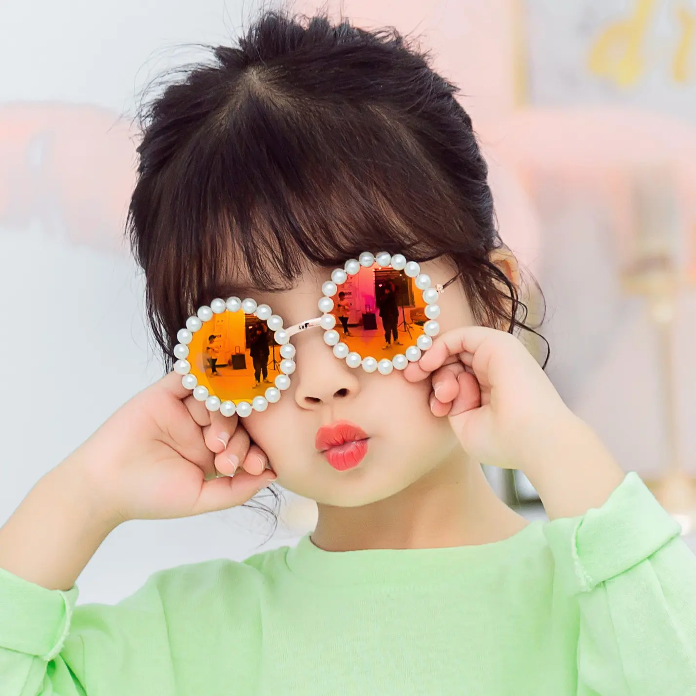 Lucky BL138-gafas de sol para niños, lentes de sol infantiles con marco redondo de Metal y perlas