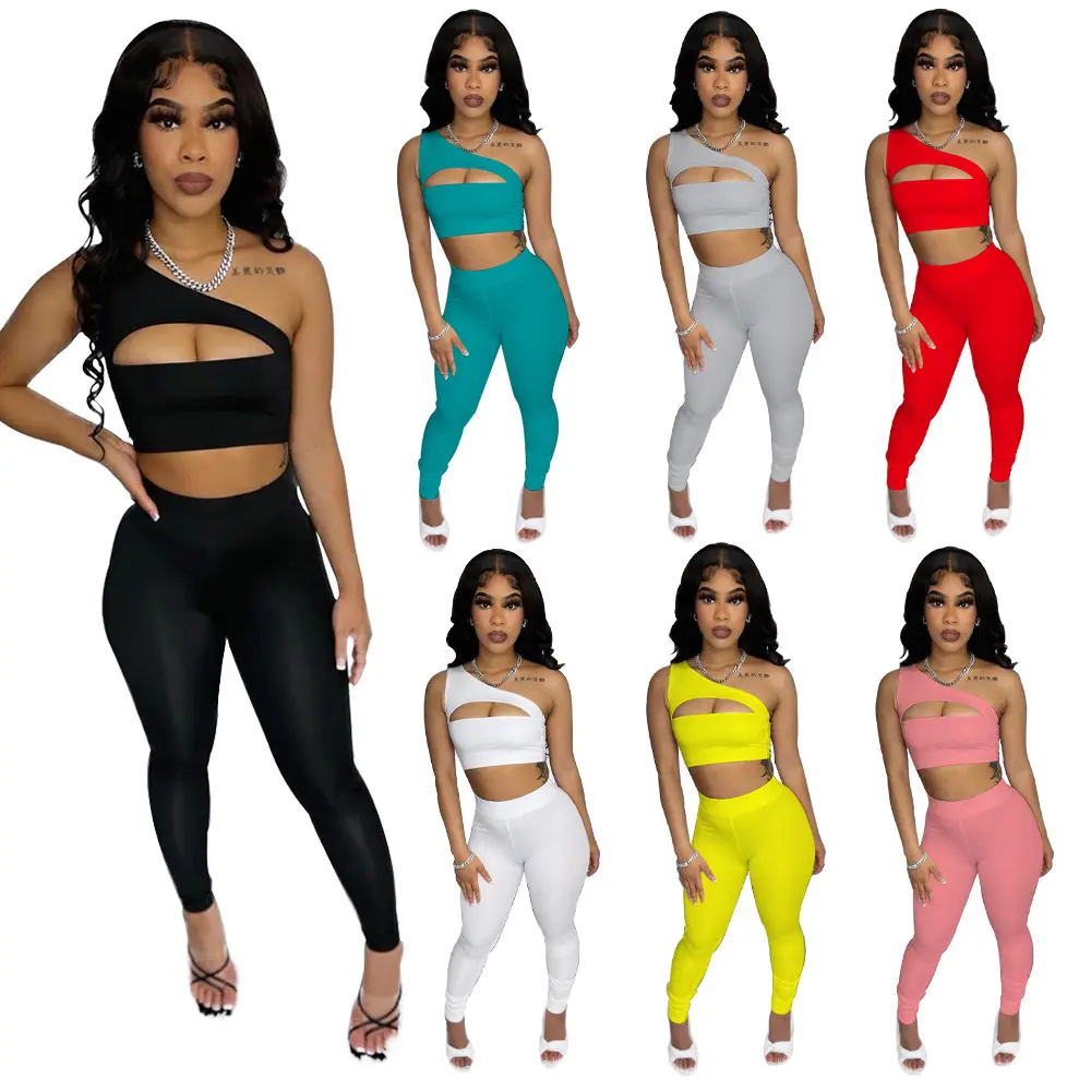 Hot Sale Irregular Matching Outfits Solid Casual Tracksuit Off Shoulder Sleeveless Fitness Sets 2 Piece Set Summer Women Clothes