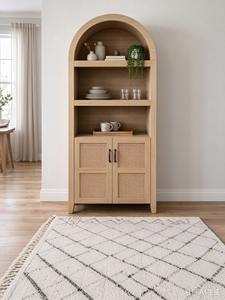 Credenza Moderna ad Arco con Ante in Canna, Scaffali Aperti e Vetrina in Legno per Sala da Pranzo - Product Image 1