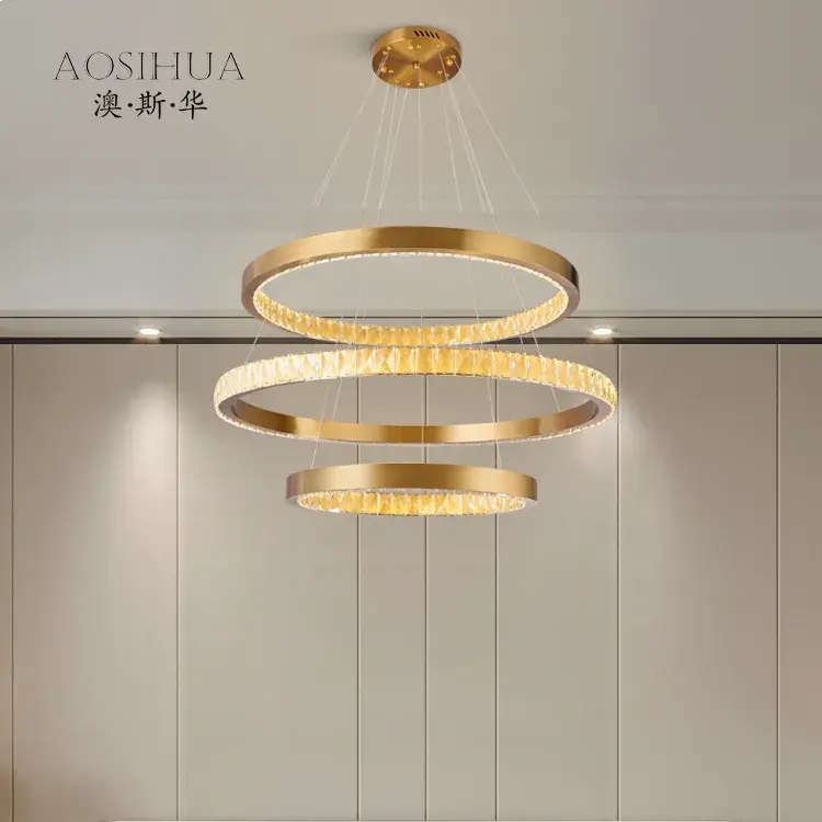 Lámpara LED colgante circular para sala de estar, luz de araña circular de buena calidad con 2/3 anillos