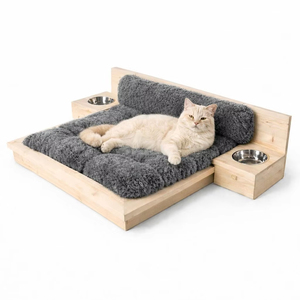 Cama para Mascotas Hecha a Mano de Madera, Casa Moderna para Perros y Gatos con Comederos Integrados, Cama de Lujo para Gatos con Almohadilla - Product Image 5