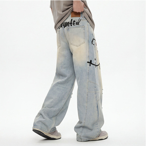 Jeans déchirés imprimés tendance pour hommes – Nouveauté printemps-été – Pantalons amples à jambe <span class=keywords><strong>large</strong></span>, <span class=keywords><strong>coupe</strong></span> <span class=keywords><strong>droite</strong></span> et <span class=keywords><strong>coupe</strong></span> incurvée style urbain - Product Image 2
