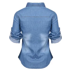 Camisa vaquera sencilla para mujer OEM 2023, camisas vaqueras ajustadas con camisa de manga larga para mujer ODM - Product Image 4