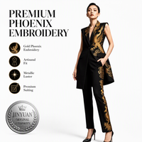 Ensembles Blazer et Pantalon pour Femme 2026 – Élégant Noir et Or, Broderie Phénix, Veste Longue Sans Manches et Pantalon – Tenue de Gala Formelle – Personnalisation OEM/ODM