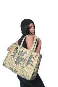 Printed Block Print <b>Tote</b> <b>Bag</b> with Border Cream Handmade Premium Quality Classical Design In Wholesale Price <b>For</b> Women - Product Image 4