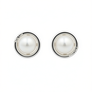 Pendientes de perlas de oro blanco con engaste en bisel, pendientes clásicos para mujer E3219 - Product Image 1