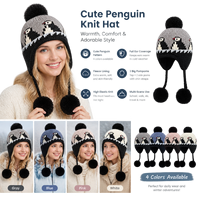 Bonnet tricoté pour femme avec protection des oreilles pour l'hiver, motif pingouin de dessin animé, doublure polaire, sangle sous le menton et pompons