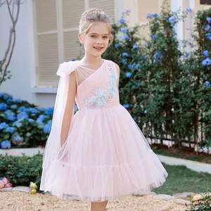 Wholesale girls pink mesh dress kids summer girl princess dress off shoulder party dress kids clothing frock