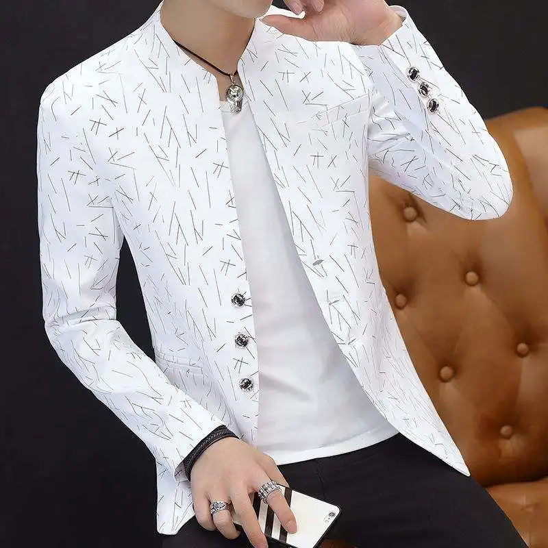 Custom Hot Sell Men's Suit Casual Stand Collar Suit Jacket Youth Handsome Trend Slim Print Suit Jacket