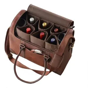 6 Wine Bottles Tote Carrier Bag Vintage Weekender Insulated Wine Bag Luxury Leather Beach Wine Cooler Bag