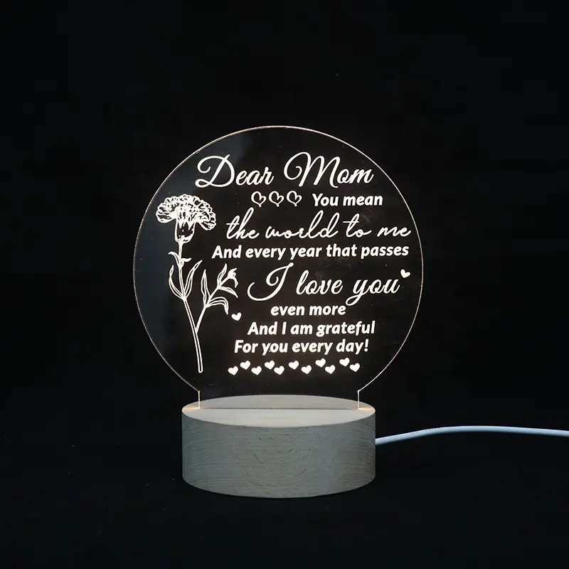 3D Acrylic Personalized Gift Light Custom Led Lamp USB Message Wooden Night Light For Mother's Day