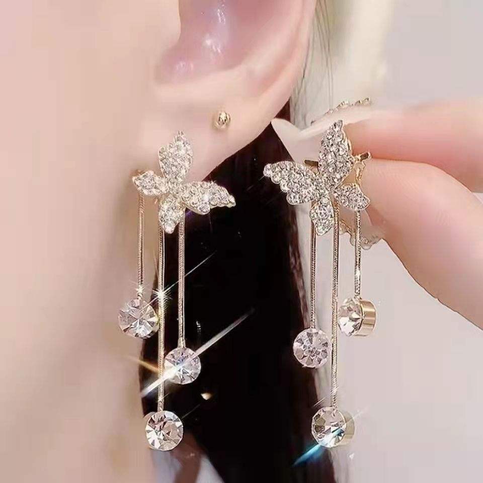 Korean Woman Black Love Heart Tassel Drop Earrings