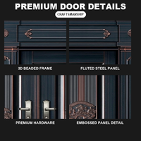 Porte d'entrée double battante robuste avec médaillon emblématique en bronze et fronton sculpté pour portail de villa