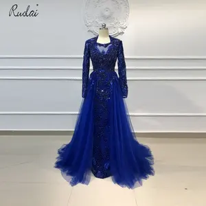 OEV-L4276 De Luxe Superbe Bleu Royal Sexy Manches Longues Formelle Robe de Soirée pour Femmes Robes Longues