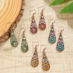 Boucles d'oreilles pendantes bohèmes en alliage, motif floral, plaqué bronze antique, bijoux de fête pour femmes - Product Image 2