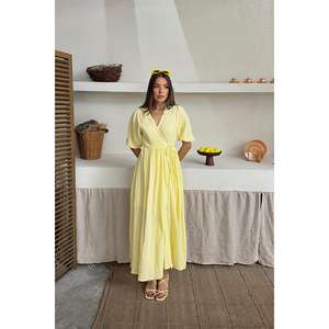 Vestido largo de muselina amarillo con cuello redondo, corte holgado, cintura natural, tejido transpirable, vestido informal para el tiempo libre. - Product Image 4