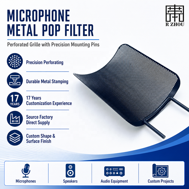 Factory Custom Stamped Bent Microphone Metal Pop Filter Grille Perforated Sheet Mic Screen with Mounting Pins