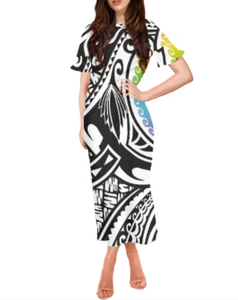 Robe imprimée de <span class=keywords><strong>tatouage</strong></span> rouge <span class=keywords><strong>polynésien</strong></span> Samoa Tapa Hawaiian Odd-leaf Turtle Back Bamboo Design Jupe à manches courtes pour femmes - Product Image 2