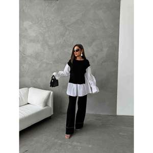 Ensemble de vêtements en tricot de coton décontracté pour femmes, taille XL, haut long et pantalon à rayures pour la saison de yoga d'automne, détail du chemisier 1503 - Product Image 5