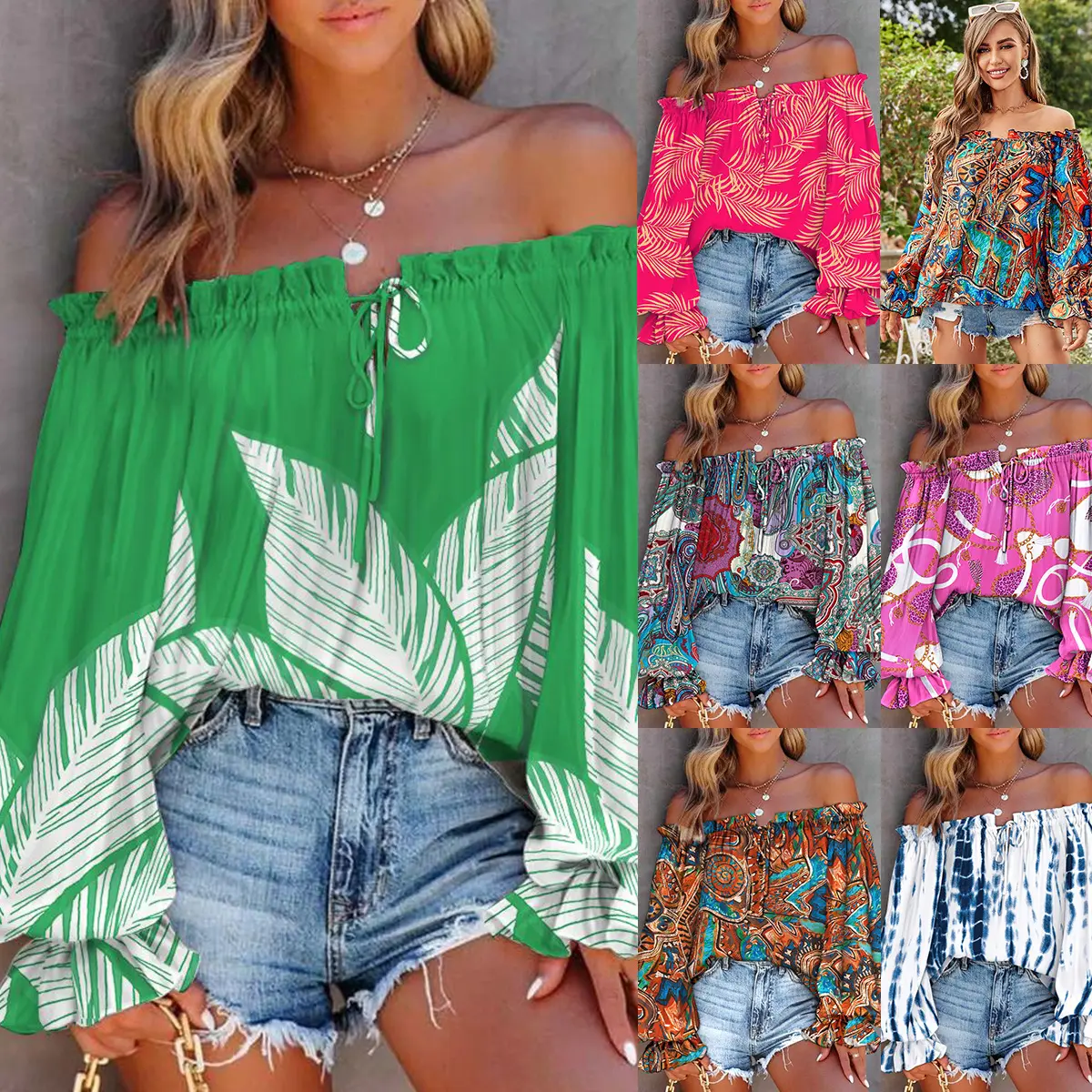 2023 Factory direct New colorful printing loose top all match shirt off shoulder outfits beautiful floral blouse