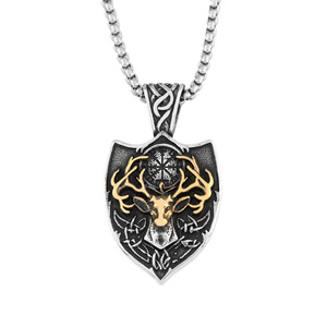 Yunnique – collier avec pendentif bouclier en acier inoxydable, design en forme de bois de cerf doré, bijoux à la mode pour hommes, cadeau - Product Image 5