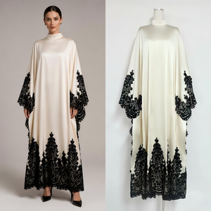 Vestido Kaftán Modesto de Dubái para Mujer, Color Marfil, Encaje Negro, Satén, Cuello Alto, Manga Murciélago, Vestido Largo de Noche para Fiesta, OEM, ODM, Venta al por Mayor - Product Image 5