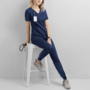 Women's <b>Scrub</b> Suit Set Navy <b>Blue</b> Short Sleeve Moisture Wicking Hospital Uniforms For Medical Workers - Product Image 1