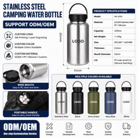 Bouteille d'eau portable en acier inoxydable SUS304 de 1050 ml pour camping et randonnée, compatible feu ouvert, avec large ouverture et tasse détachable