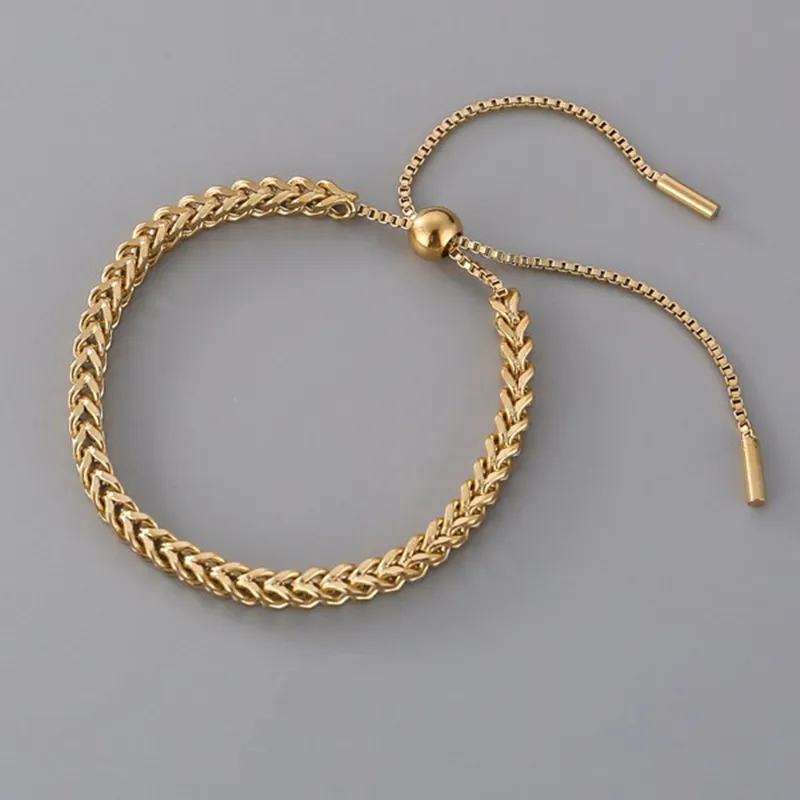 Gelang baja Titanium lapis emas 18K untuk wanita, gelang baja Titanium kepang rantai Pull-out trendi bahan baja tahan karat warna emas asli untuk wanita