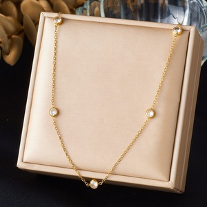 Korean Style Gold Plated Clavicle Chain Necklace With Round Diamonds Stainless Steel Everyday Wear Jewelry N4086 - Product Image 1