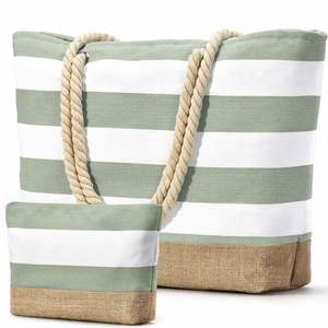 กระเป๋าชายหาดลายทางขนาดใหญ่พร้อมซิปปิด ผลิตจากโพลีเอสเตอร์ ชุดกระเป๋าช้อปปิ้งสะพายไหล่ - Product Image 4