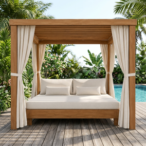Cabane de piscine sur mesure en teck avec lit double et rideaux d'intimité fluides - Product Image 1
