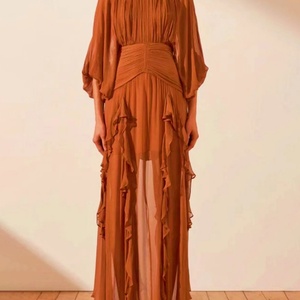Vestido de Chifón de Moda con Manga Larga, Cintura Alta, Volantes y Manga Farol, Liso, Midi, para Mujer, Venta al por Mayor Personalizada - Product Image 3