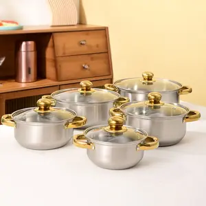 Juego de 10 piezas de olla con mango dorado, juego de utensilios de cocina de acero inoxidable para el hogar de 16-24cm