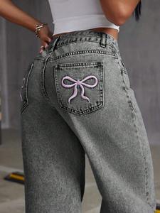 Jeans <span class=keywords><strong>de</strong></span> Lavado Oscuro para <span class=keywords><strong>Mujer</strong></span> con Bordado, Pantalones <span class=keywords><strong>de</strong></span> Cintura Alta, Pierna Recta y Ancha, Botón con Lazo, Holgados, Casuales, <span class=keywords><strong>de</strong></span> Color Sólido, Transpirables, <span class=keywords><strong>de</strong></span> Mezclilla - Product Image 5