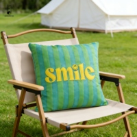 Housse de coussin brodée avec un motif de sourire - Housse de coussin rayée avec un visage heureux - Housse de coussin douce vert turquoise pour canapé