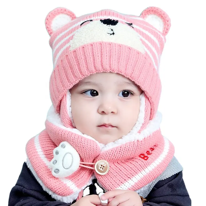 0-4 YEARS Winter Warm Cartoon Hat Bib Bear Turban Cap Elastic Kids Boy Girl Baby Hat Scarf Set