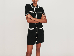 Vestido Mini <span class=keywords><strong>de</strong></span> Manga Corta con Botones <span class=keywords><strong>de</strong></span> Perla y Ribete en Contraste Blanco y Negro para <span class=keywords><strong>Mujer</strong></span>, Vestido <span class=keywords><strong>de</strong></span> Tweed Personalizado para Oficina - Product Image 1