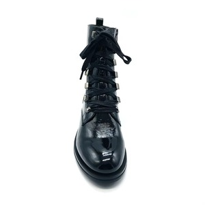Bottes de moto en cuir verni noir imperméables à double ouverture avec lacets et fermeture éclair pour femmes - Product Image 3