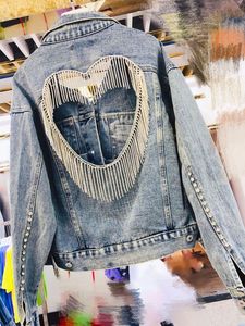Automne hiver décontracté femmes en forme de coeur gland Jean manteau manches longues poche col rabattu diamant Denim veste pour les femmes - Product Image 3