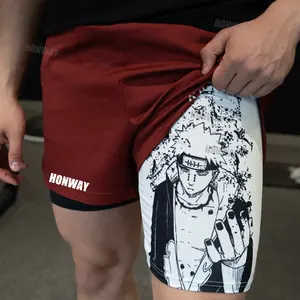 Custom 2 In 1 Summer Breathable Men's Running Shorts With Tights Anime Print Sports Performance Fitness Workout Men's Shorts Gym