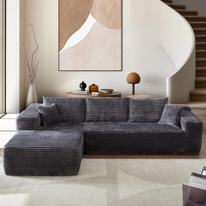 Dark Grey Wide Striped Corduroy Vacuum Compressed L-Shaped Modular Sectional <b>Sofa</b> With Chaise Lounge - Product Image 1