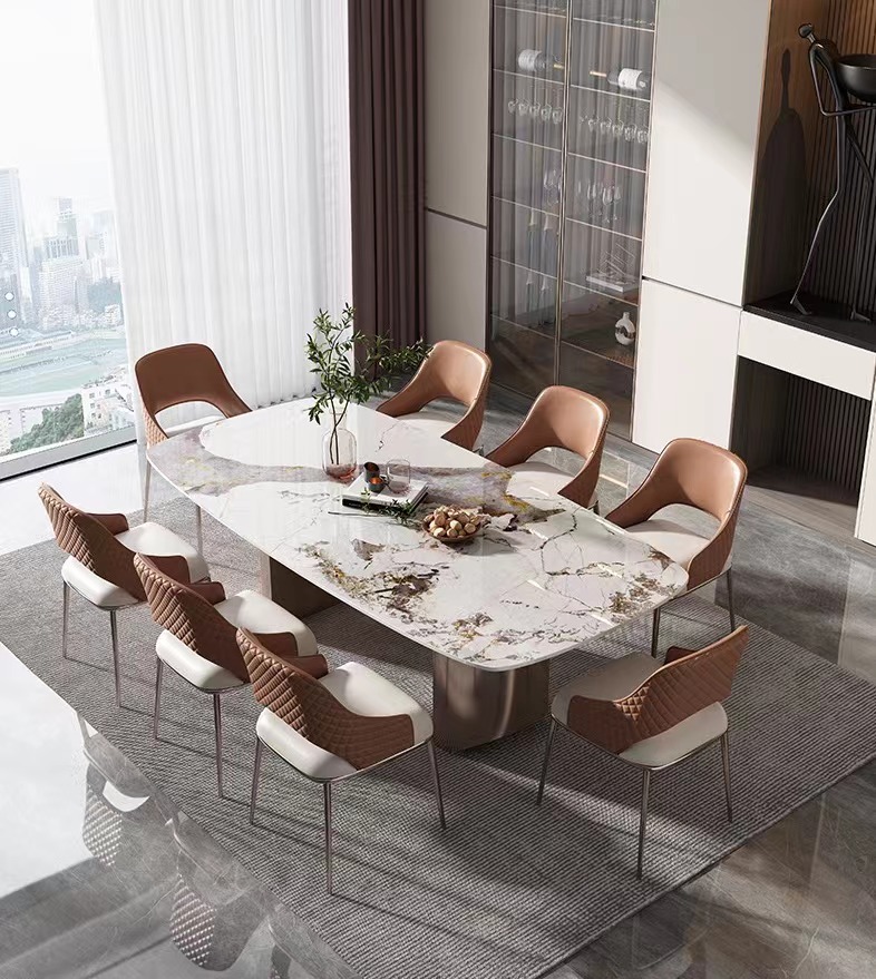 Home furniture modern dining room set marble metal dining table with 6 chairs made in Foshan tables and chairs for restaurant