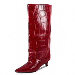 Custom Style Wide Top on Long Booties Low <b>Heels</b> Stone Print Shoes Women's Pointed Toe Knee High Boots - Product Image 6